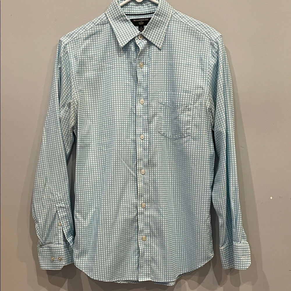 Banana Republic Light Blue Gingham Shirt slim fit non iron like new medium